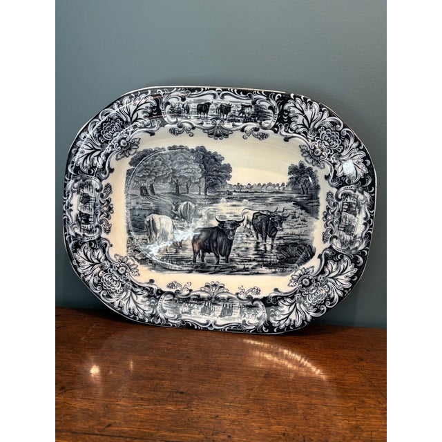 Blue Antique Wedgwood Blue Transferware Platter With Cattle Motif. For Sale - Image 8 of 11