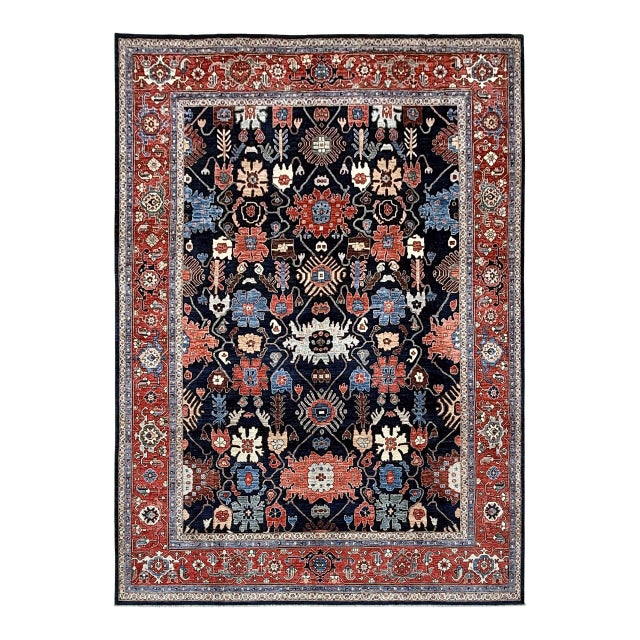 Navy Persian Heriz Design Hand-Knotted Wool Rug, 10'01 X 13'08 For Sale