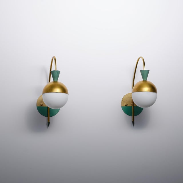 Gold Italian Brass Sconces with Opaline Globes attributed to Stilnovo, 1950s, Set of 2 For Sale - Image 8 of 12