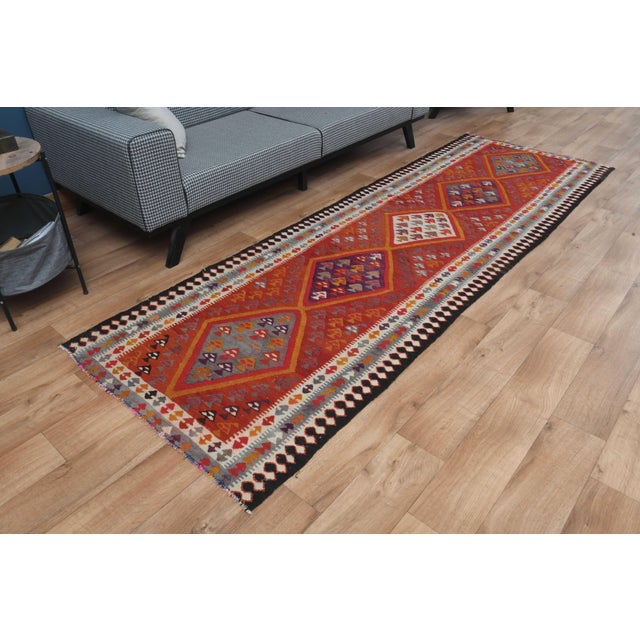 Red 1970s Vintage Turkish Handmade Wool Cotton Red Runner Rug For Sale - Image 8 of 11
