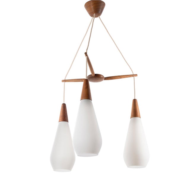 Wood Scandinavian Pendant Lamp in Teak and 3 Matt White, Drop-Shaped Glass Shades, 1960s For Sale - Image 7 of 7