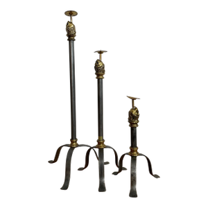 Late 20th Century Maitland-Smith Brass-Mounted Pricket Candlesticks- Set of 3