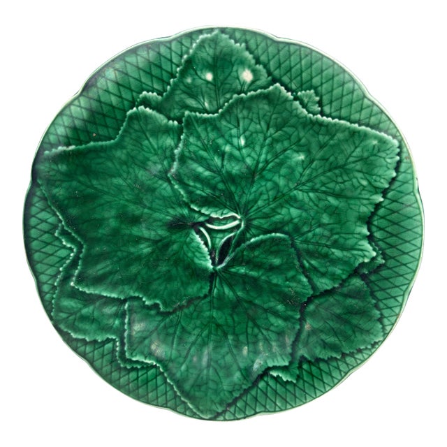 Green Majolica Leaf Plate Gien Circa 1950 For Sale