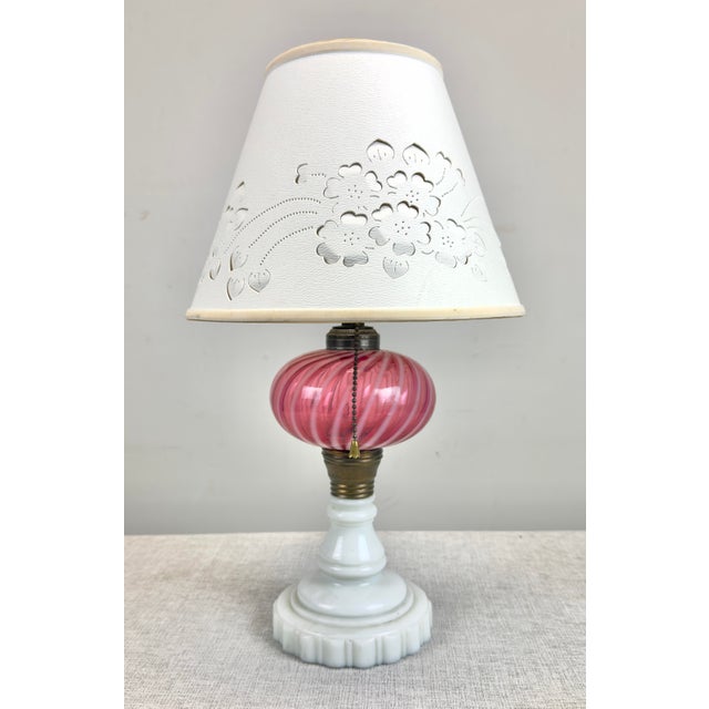 Antique Fenton / L G Wright Style Cranberry & Milk Glass Converted Oil Lamp For Sale - Image 10 of 10