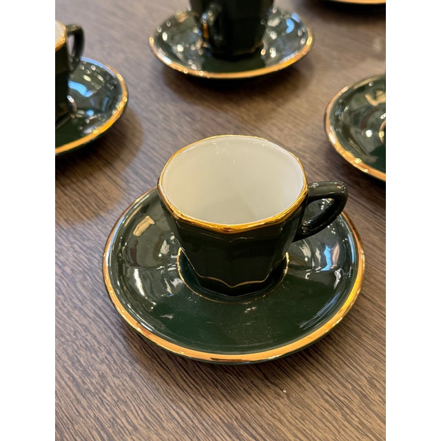 Late 20th Century Apilco Green + Gold Bistroware Demitasse Cups + Saucers, Set of Ten For Sale - Image 11 of 12