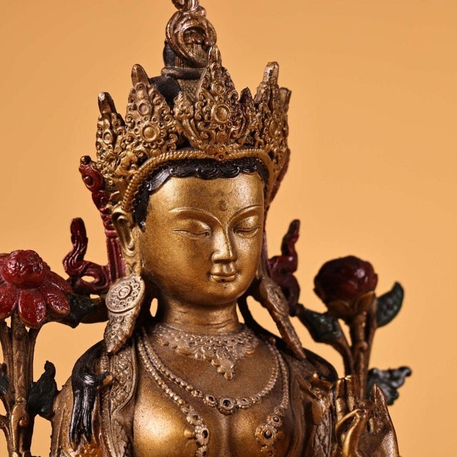 Late 19th Century Gilt Bronze Green Tara Statue, Tibetan Buddhist Figure, 900g For Sale - Image 4 of 9