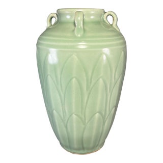 Antique Chinese Celadon Four‑Handle Vase With Carved Lotus Petals, Collectible Antique For Sale