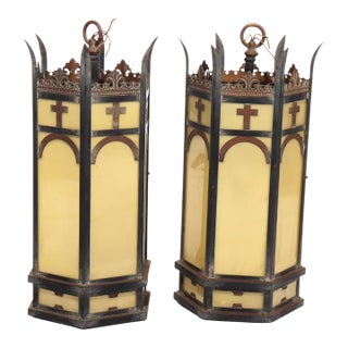Pair of Antique Gothic Bronze, Brass & Glass Hanging Church Lights C1920 For Sale