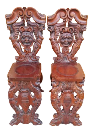 Antique Italian Renaissance Revival Carved Figural Hall Chairs - Pair