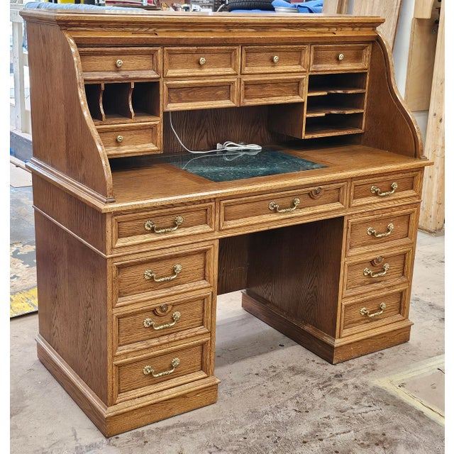 Mid 20th Century Mid Century American Solid Oak S Roll Top Front Desk For Sale - Image 5 of 17