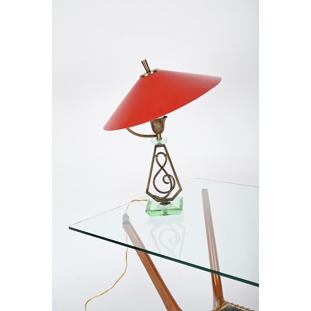Adjustable Table Lamp in Red Metal, Brass and Green Glass from Stilnovo, Italy, 1950s For Sale - Image 6 of 17