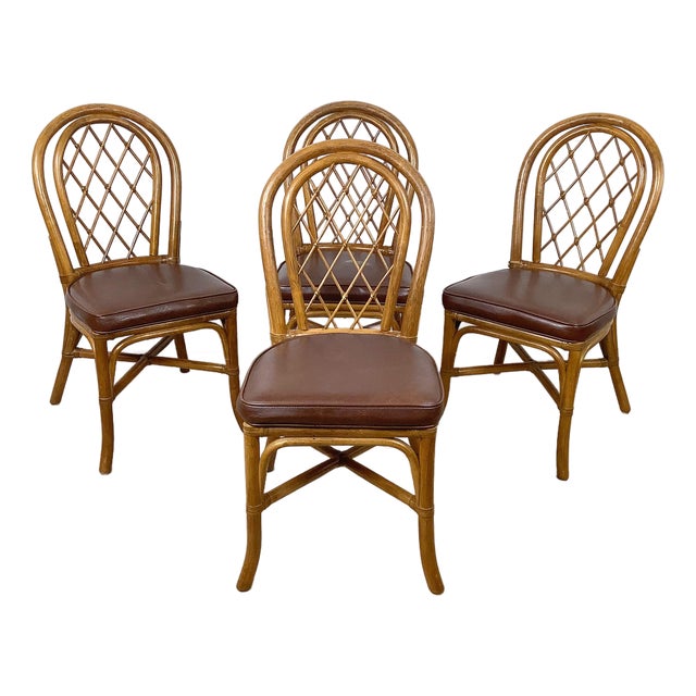 Set of Four Vintage Rattan Dining Chairs , Diamond Lattice Hoop Backs For Sale