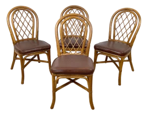 Set of Four Vintage Rattan Dining Chairs , Diamond Lattice Hoop Backs