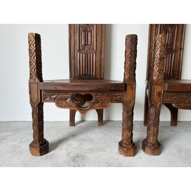Gothic Antique Spanish Gothic Revival Carved Wood Throne Chairs – A Pair/ Sold For Sale - Image 3 of 12