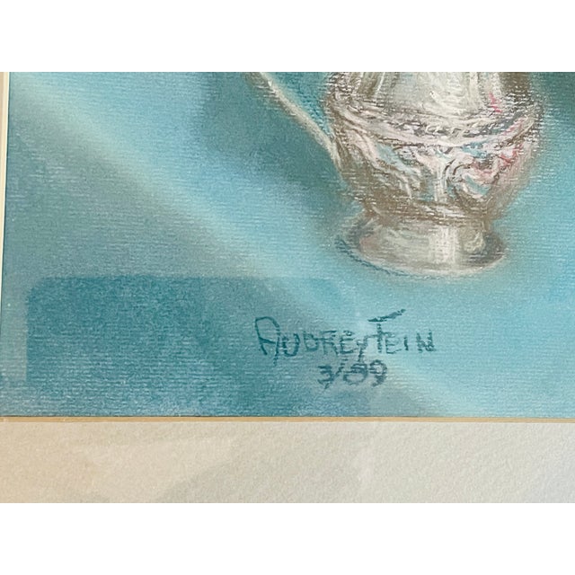 1980s 1980s Mixed Media Still Life on Blue Table Signed For Sale - Image 5 of 6