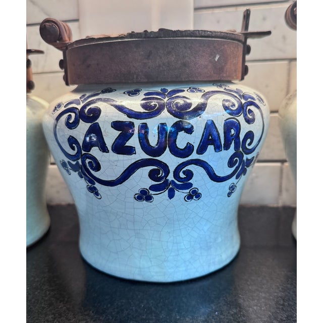 Late 20th Century Three Mexican Talavera Style Glazed Pottery Canisters With Iron Hinged Lids For Sale - Image 5 of 11