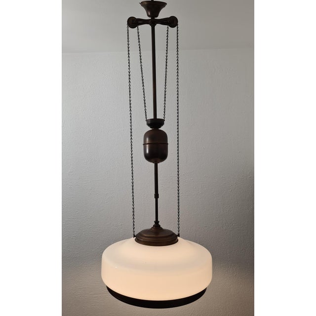Art Deco Adjustable Pendant Lamp in Brass and Opal Glass, 1930s-1940s For Sale - Image 13 of 14