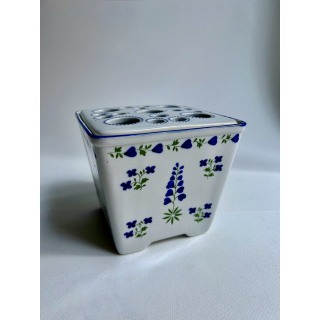 Late 20th Century Andrea by Sadek Williamsburg Meadow Flower "Blue Lupine" Vase. Bulb Planter. Featuring a two piece...