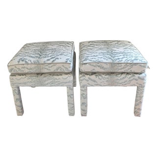 Cowtan & Tout Rajah Velvet Parsons Ottomans in Celadon - Pair For Sale