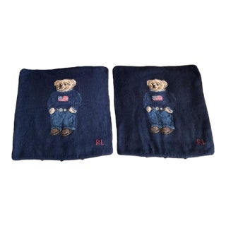 1980s Ralph Lauren Bear Wool Knit Pillow Covers - A Pair For Sale