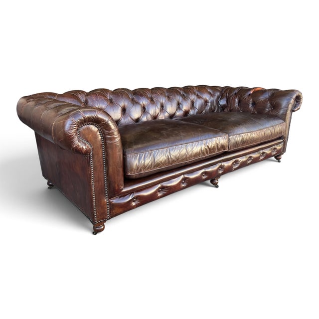 English Restoration Hardware Chesterfield Cognac Leather Sofa With Brass Nailhead & Casters For Sale - Image 3 of 16