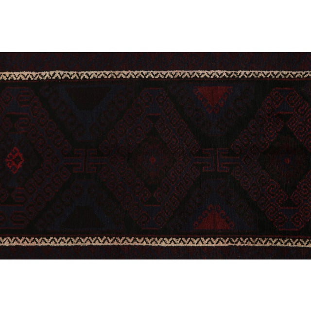 2010s 1950s Vintage BaRug & Kilim’s Baluch Runner Rug With Black, Burgundy and Blue Geometric Patterns For Sale - Image 5 of 8