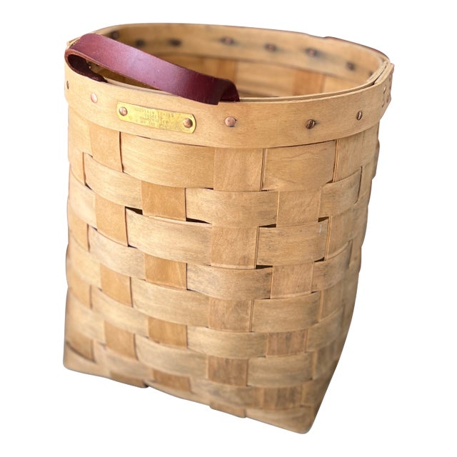 Handcrafted Mountain Trails Basket With Leather Handle 15" High 13" Wide Vintage For Sale