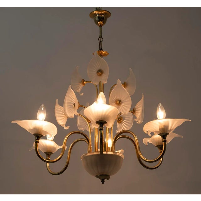 Chandelier with six lights in Murano glass and brass, the chandelier will be supplied with reducers for USA e12 bulbs...
