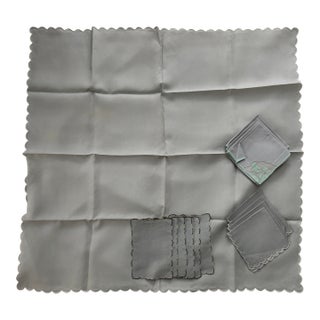 1970s Heather Blue 3' Square Tablecloth With Scalloped Edges Plus 8 Napkins and 6 Rectangles - 15pcs For Sale