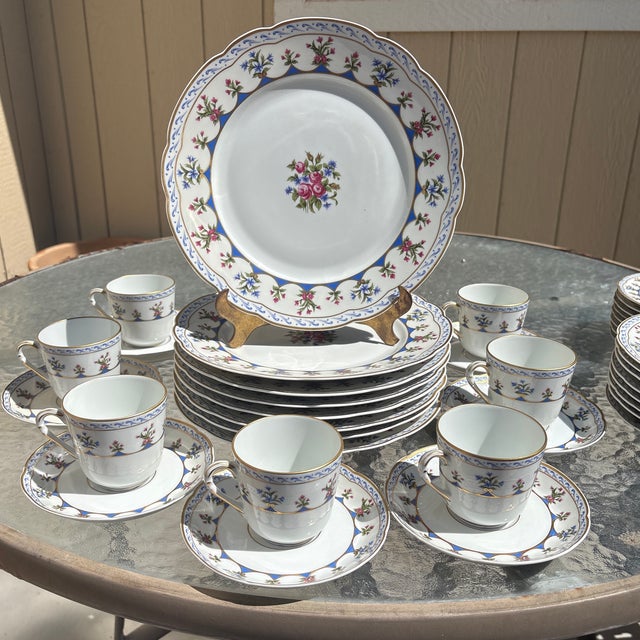 1970s Eight 5 Piece Place Settings of Bernaudaud Limoges Chateaubriand Blue For Sale - Image 5 of 6