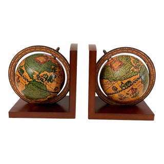 Vintage Old World Globes Wooden Bookends Globe Rotates Made in Italy For Sale
