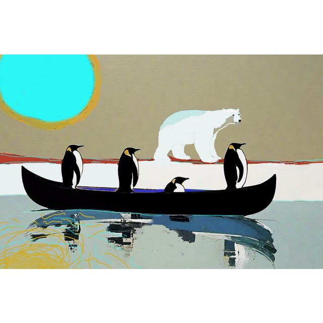 A whimsical modern artwork with a polar bear and four penguins in a canoe by P. L. Bradbury. Framed in natural wood.