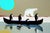 A whimsical modern artwork with a polar bear and four penguins in a canoe by P. L. Bradbury. Framed in natural wood.
