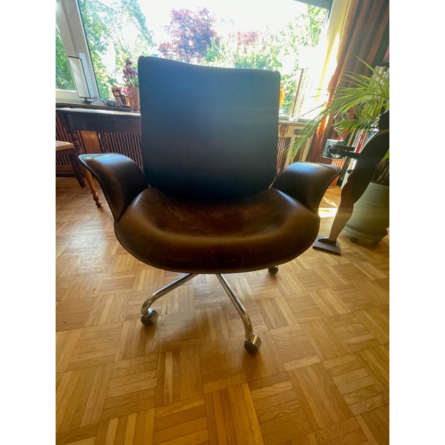 Ernst Lüthy for Atelier-L of Switzerland. Model 1107 Vintage Leather Armchair/Swivel Chair in Brown Leather. This...