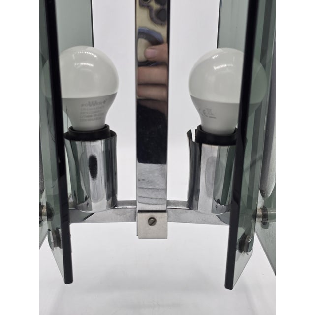 Pendant Light in Thick Green-Grey Glass and Chromed Metal in the style of Fontana Arte, 1970 For Sale - Image 9 of 14