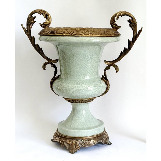 Art Deco Large Urn Vase Celadon Green & Brass Ormolu For Sale - Image 3 of 12