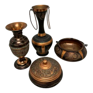 1990s Decorative Copper Engraved Accessories- Set of 4