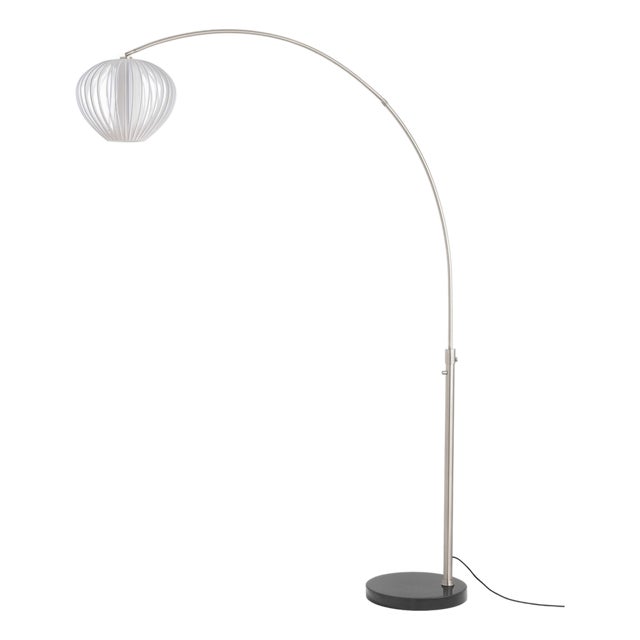 Float Arc Lamp - 92" Satin Nickel Steel, Mid Century Floor Lamp, Sphere White Satin Shade, Marble Base For Sale