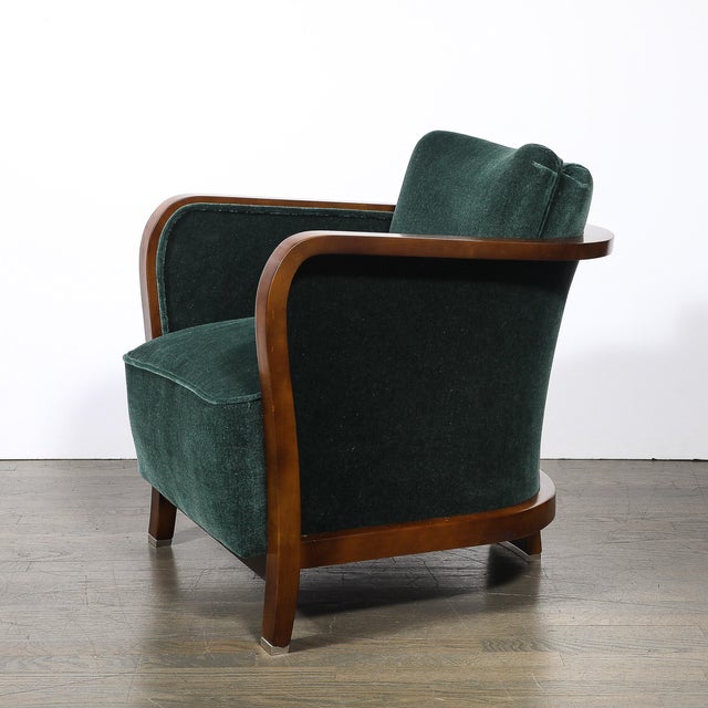 Pair of Art Deco Walnut Armchairs in Eucalyptus Mohair Velvet W/ Nickel Sabots For Sale In New York - Image 6 of 18