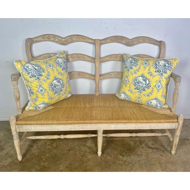 French Provincial Style Bench W/ Rush Seat & Leather Cushion For Sale - Image 10 of 16