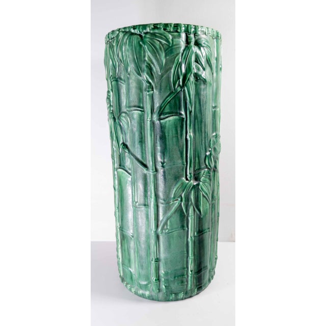 Japanese 20th Century Japanese Faux Bamboo Green Glazed Pottery Umbrella Stand or Cane Holder For Sale - Image 3 of 15