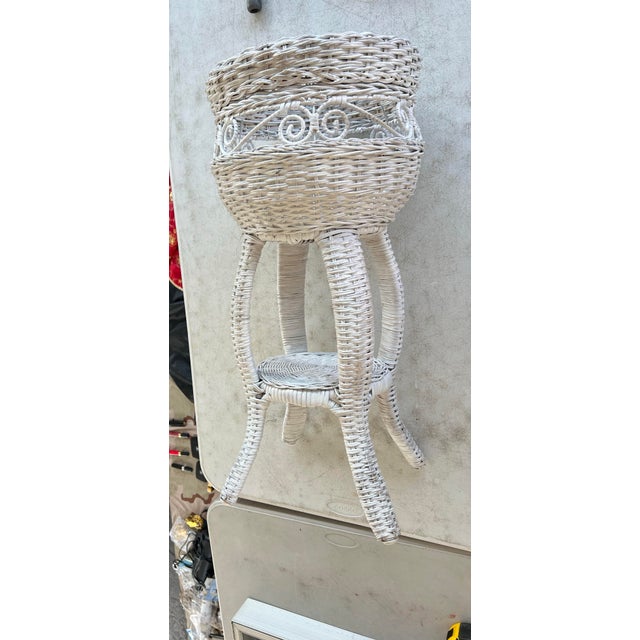Vintage Mid Century White Wicker Plant Stand For Sale - Image 9 of 9