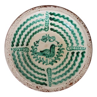 Spanish Ceramic Bowl with Green Bird Motif and Glazed Inside, 1980s For Sale
