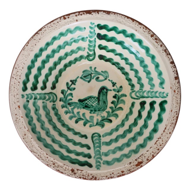 Spanish Ceramic Bowl with Green Bird Motif and Glazed Inside, 1980s For Sale