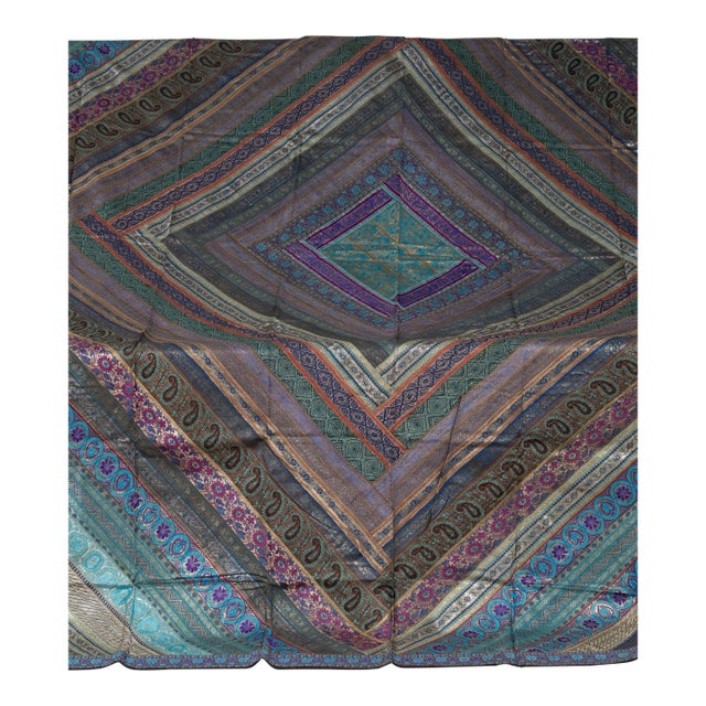 Mid 20th Century Indian Turquoise, Violet & Gold Silk Embroidered Fabric For Sale