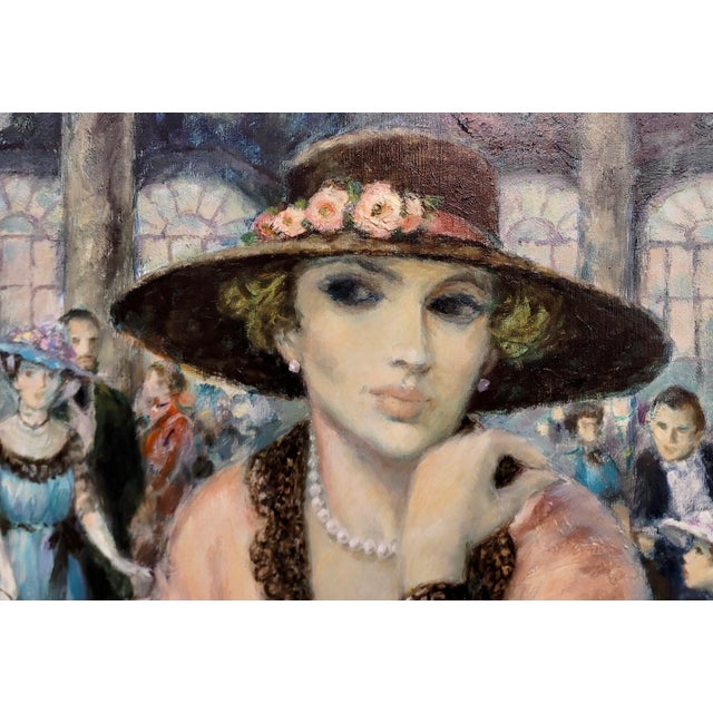 1960s Francois Batet -Elegant Woman W/ Hat at the Maxim De Paris-Oil Painting For Sale - Image 5 of 11