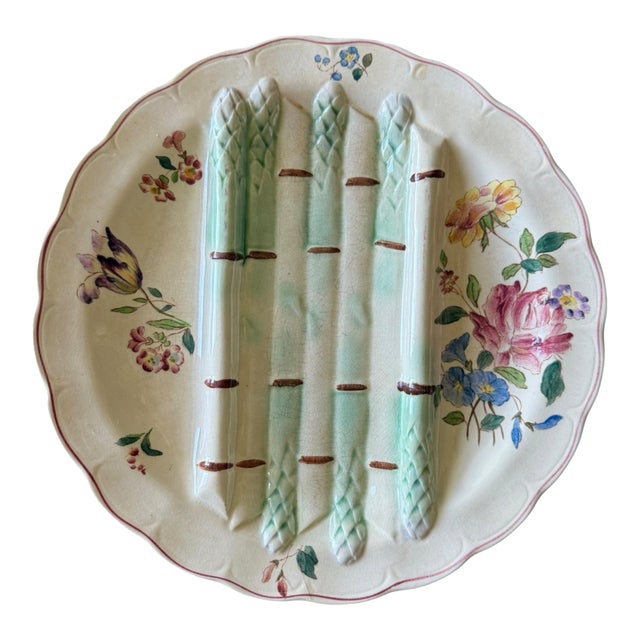 Antique French Longchamp Majolica Asparagus Plate C. 1900s - Sold Individually For Sale
