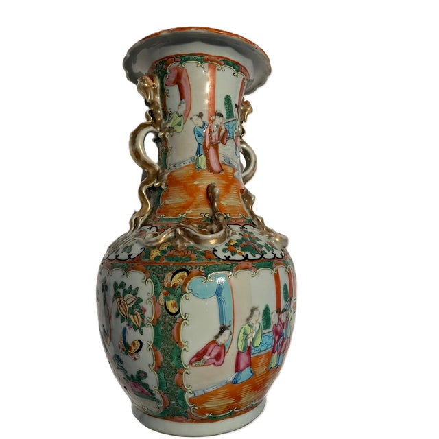Chinese Large Hand‑Painted Chinese Export Porcelain Vase With Figural Panels & Gilt Dragon Handles For Sale - Image 3 of 6