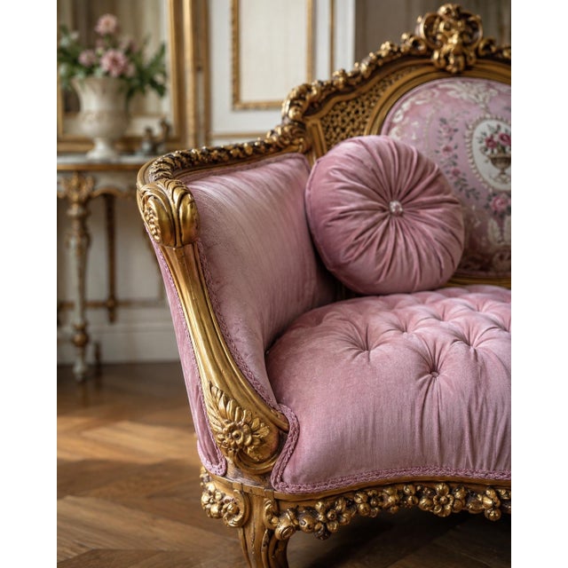 French 1940 French Artisan Louis XVI Gold Rose Beech Settee For Sale - Image 3 of 18