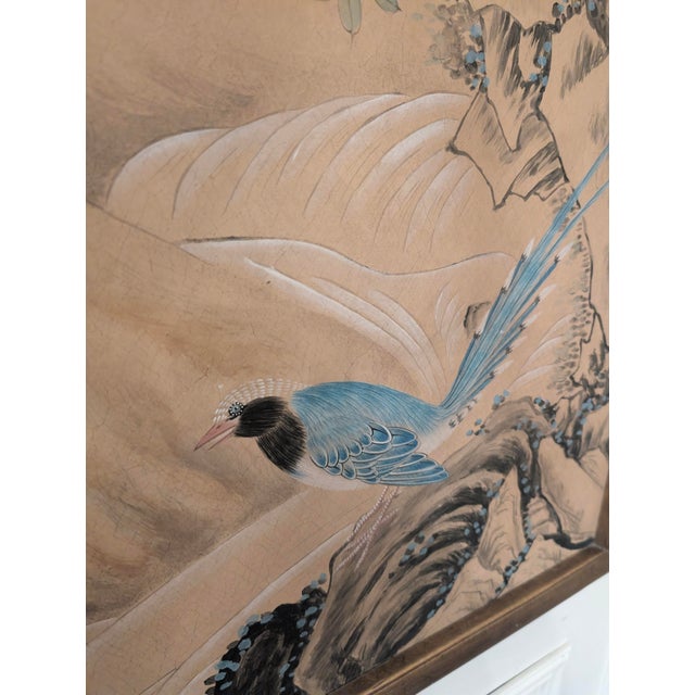 Large Chinoiserie Style Hand-Painted Panel on Wood With Birds & Bamboo For Sale In Miami - Image 6 of 11